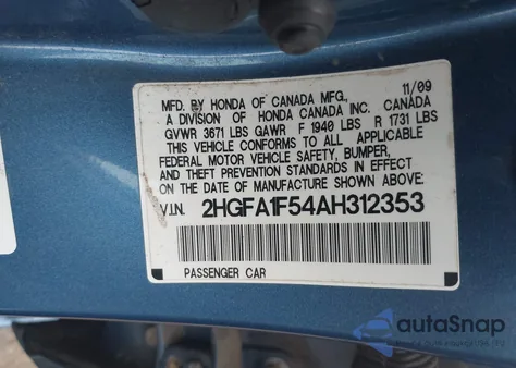 2010 Honda Civic Lx z USA, uszkodzony, nr VIN 2HGFA1F54AH312353